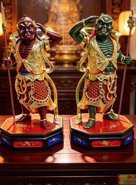 千顺将军站身妈祖左右护法威严千里眼顺风耳神像樟木手工雕刻真金