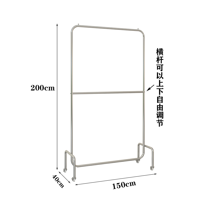 服装店展示架不锈钢拉丝银落地式双层可调节挂衣杆女装店带轮货架