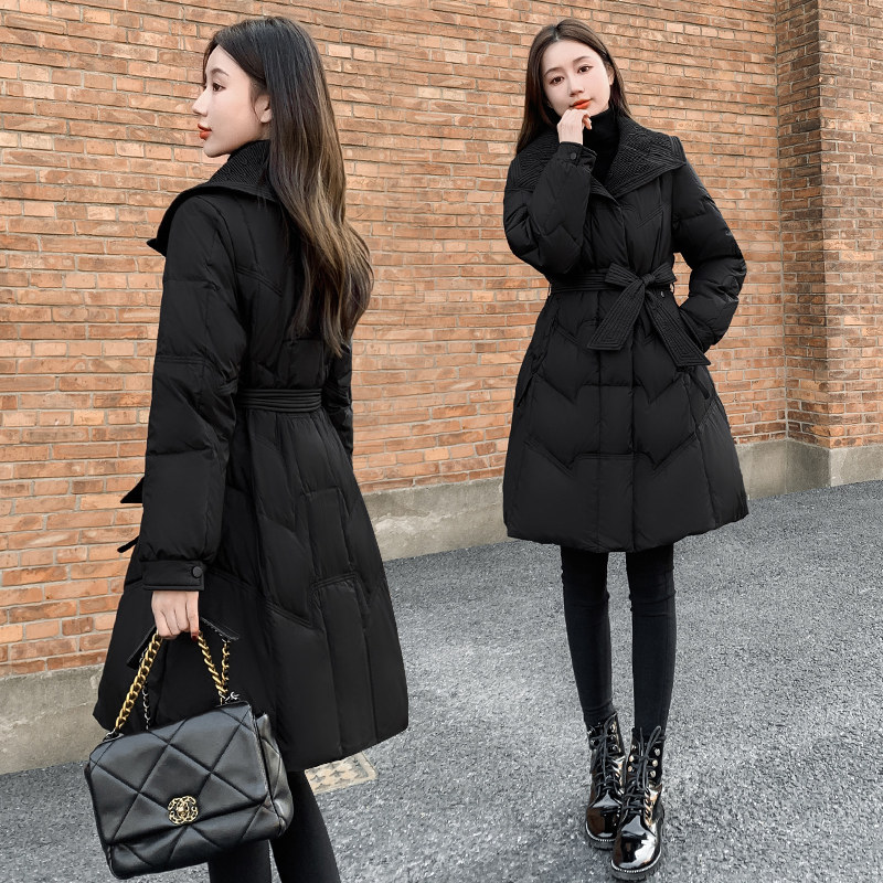 2025年新款女装冬季修身收腰中长款羽绒服女黑色显瘦翻领外套系带,淘宝优惠券,粉丝福利购,淘宝优惠卷