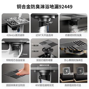 九牧地漏枪灰全铜防臭器淋浴房卫生间下水道速排防臭芯浴室洗衣机