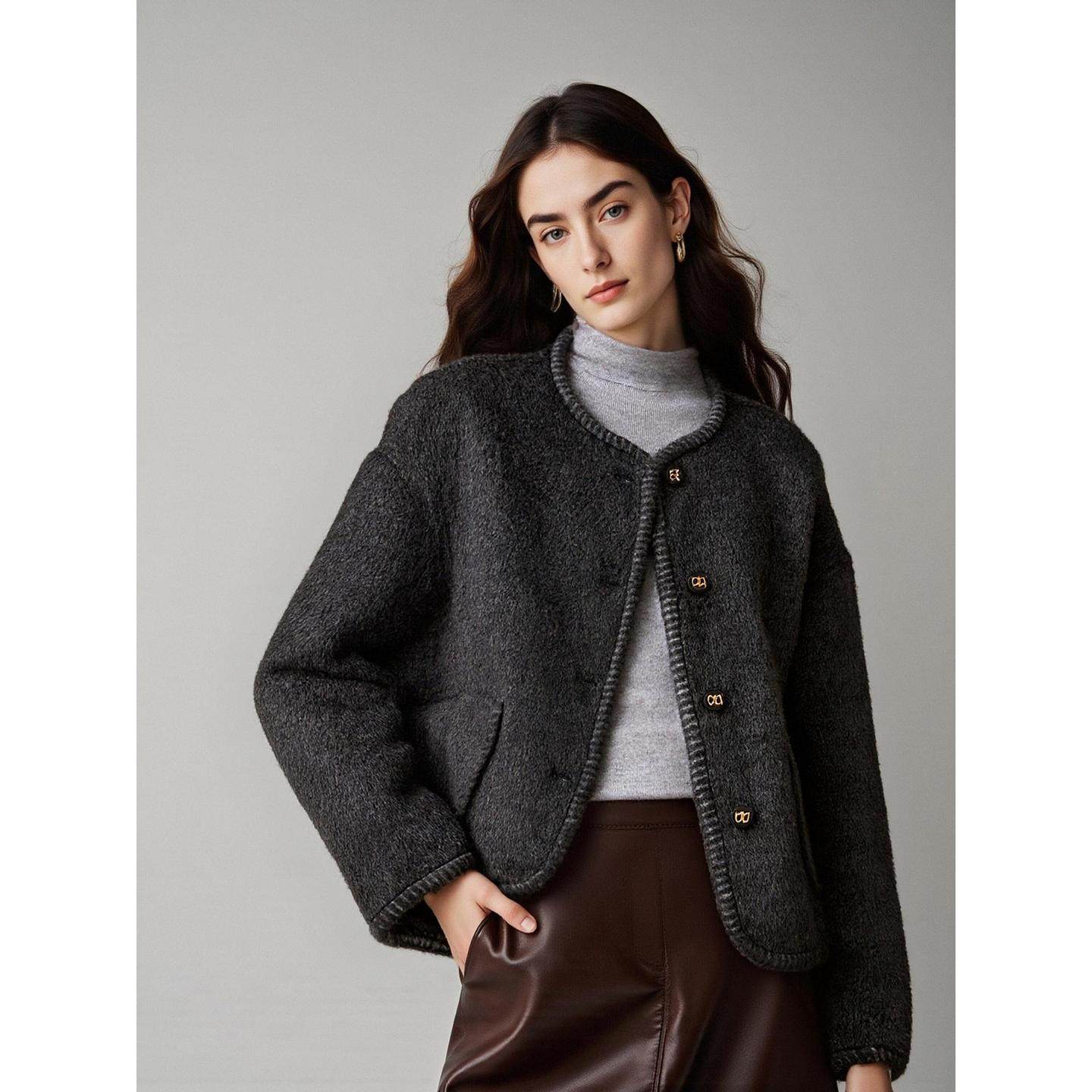 Basic House/百家好小个子灰色圆领羊毛呢外套女冬小香风短款大衣,淘宝优惠券,粉丝福利购,淘宝优惠卷