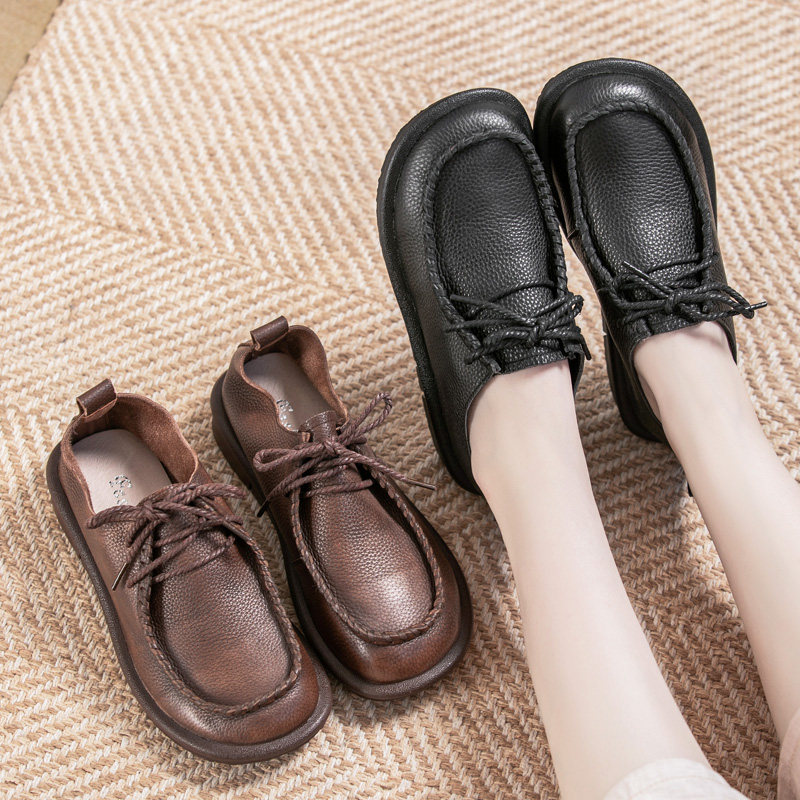 舒适圆头平底单鞋女真皮2025新款春秋女鞋复古大码休闲鞋子软皮鞋,淘宝优惠券,粉丝福利购,淘宝优惠卷