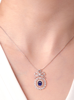 天然素面蓝宝石蝴蝶结18K金吊坠项链ArtDceo复古维多利亚时期风格