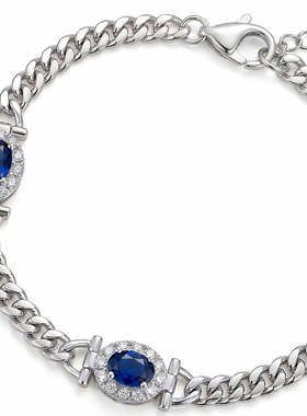 FIICCI菲伊奇 天然皇家蓝宝石925纯银手链古巴链手链女款中性款式