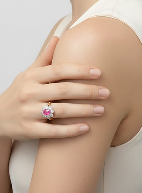 FIICCI菲伊奇 天然粉色蓝色18K金钻石戒指复古雕花女戒彩宝女戒