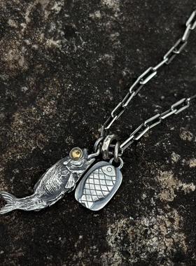 思涵银工坊925纯银手工文玩趣味吊坠咸鱼翻身小众男女款百搭项链