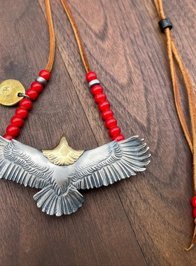 思涵银工坊高桥风格gorosL号铜头925纯银做旧老鹰鹿皮绳项链