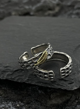 思涵银工坊印第安风格复古做旧树叶敲面925纯银开口情侣款戒指