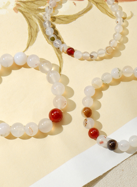 天然草花玛瑙手链女红玛瑙撞色手串送妈妈女友纪念日复古显白礼物