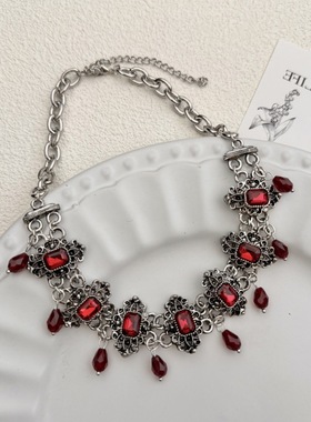 法式复古红色水晶水滴项链女时尚甜酷设计感锁骨链choker气质颈链