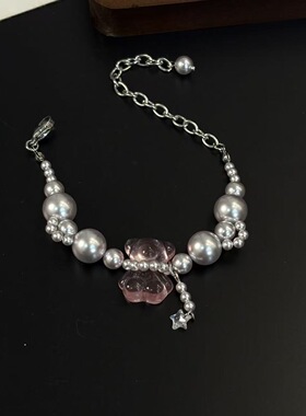 可爱粉色水晶小熊爱心锆石珍珠项链女小众高级感简约手链毛衣链潮