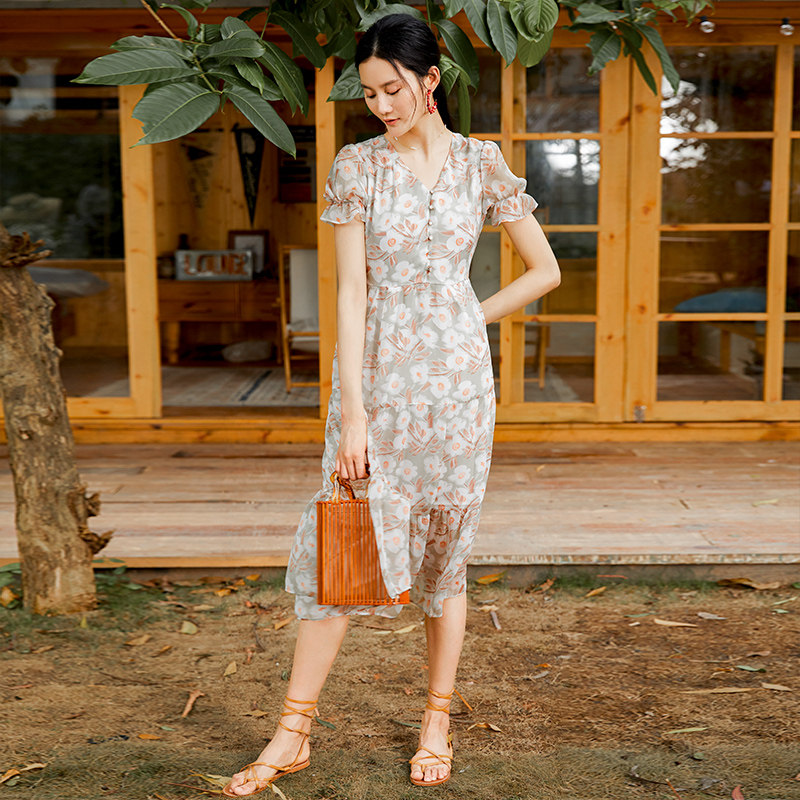 短袖仙女森系荷叶边雪纺裙 sedate连衣裙