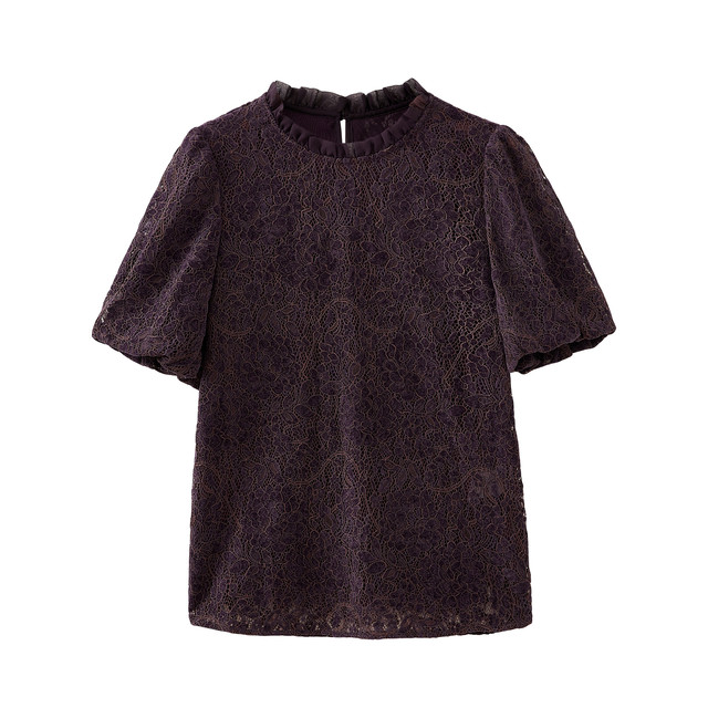 Shuiyunjian Purple Lace Shirt Puff Sleeve Top Women's Lace Collar Hollow Embroidery Short Sleeve 2026 Spring and Summer Style New