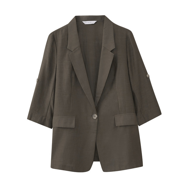 Shuiyunjian Brown Three Quarter Sleeve Small Blazer Women's Acetate Linen Blended Suit Right Shoulder Commuting Style 2026 Summer