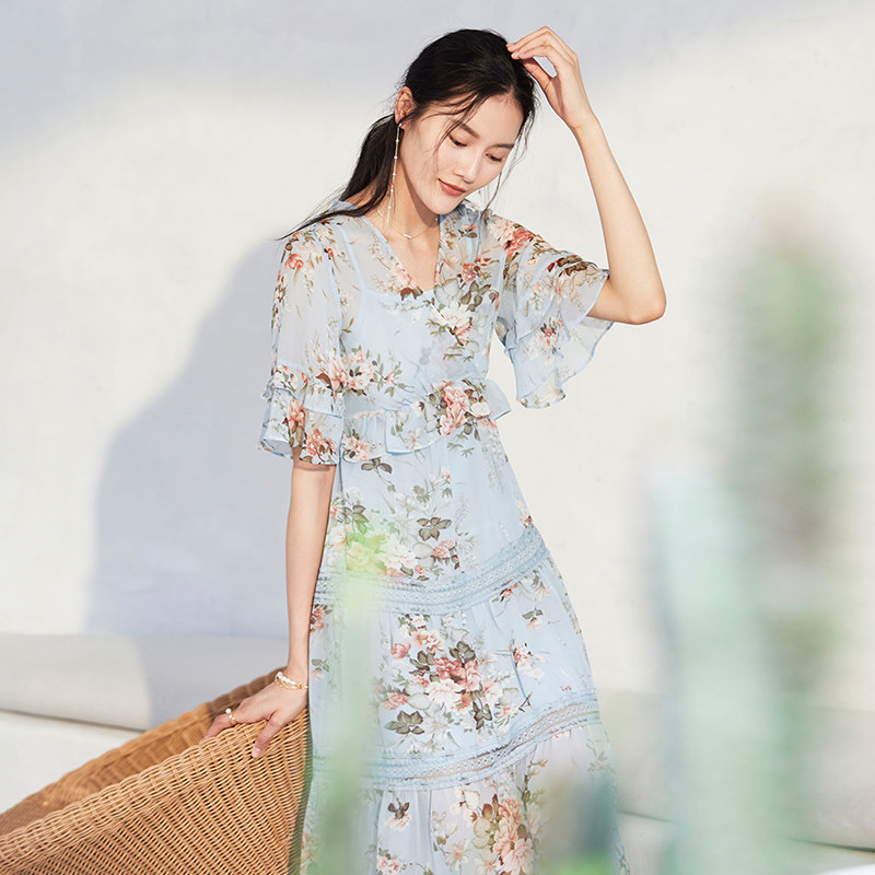 水云间中长款v领2020夏新款连衣裙 sedate连衣裙