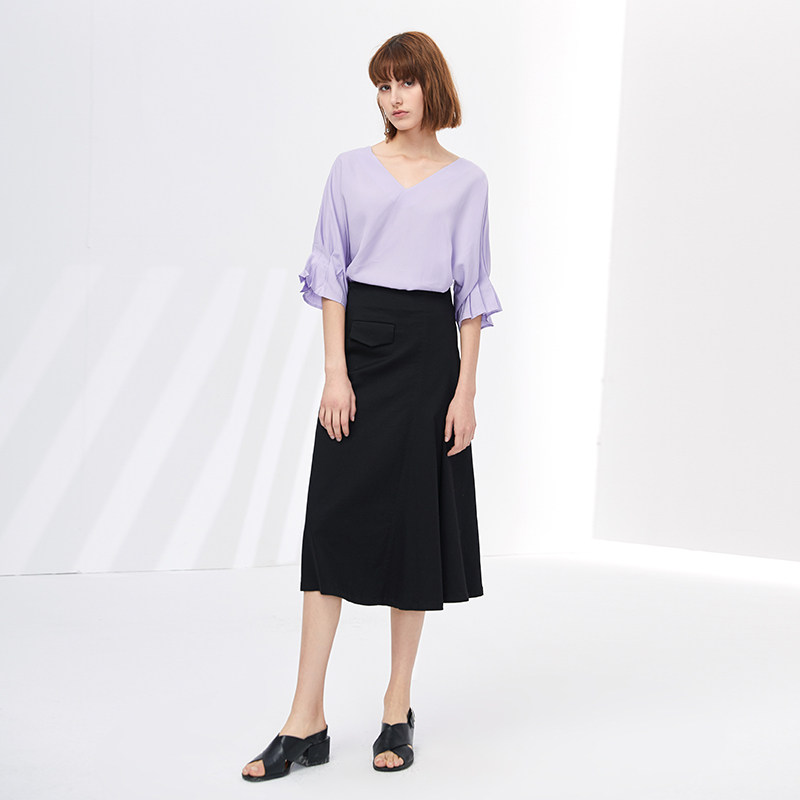 水云间宽松v领t恤女褶皱纯色上衣 sedateT恤