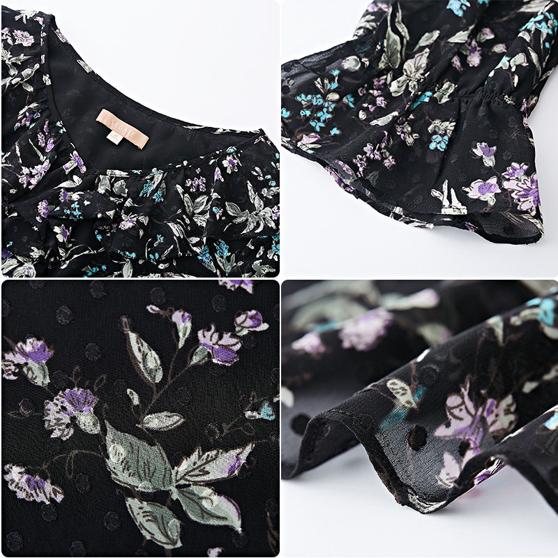 v领收腰系带荷叶边印花雪纺裙 sedate连衣裙