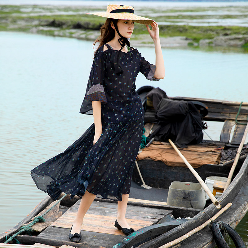 水云间一字领印花2020雪纺衫 sedate蕾丝衫/雪纺衫