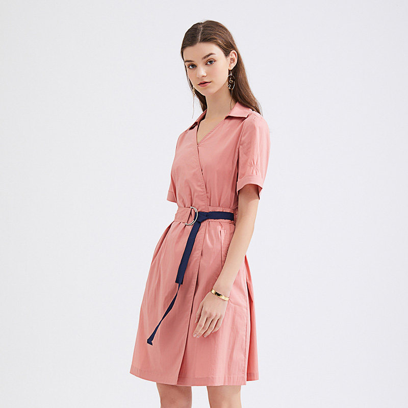 水云间纯色短袖连衣裙2020淑女裙子 sedate连衣裙