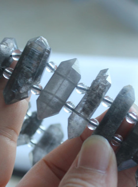 天然黑幽灵双尖晶柱手链赫尔基蒙