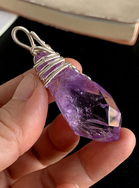 绕银丝天然紫水晶灵摆切面刻面
