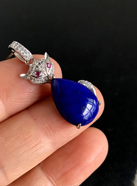 猫咪款项链天然青金石银镶嵌吊坠