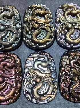 天然彩虹眼黑曜石龙牌毛衣链吊坠