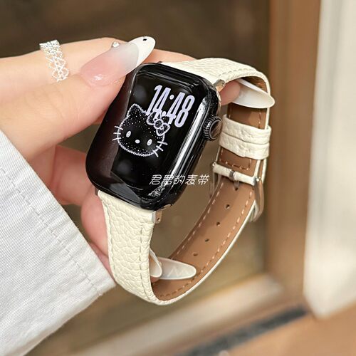 适用苹果手表s12代iwatch荔枝纹修身小蛮腰真皮表带applewatch9se - 图0