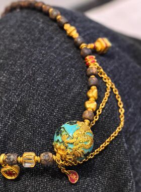 新中式国风檀木龙凤珠项链复古
