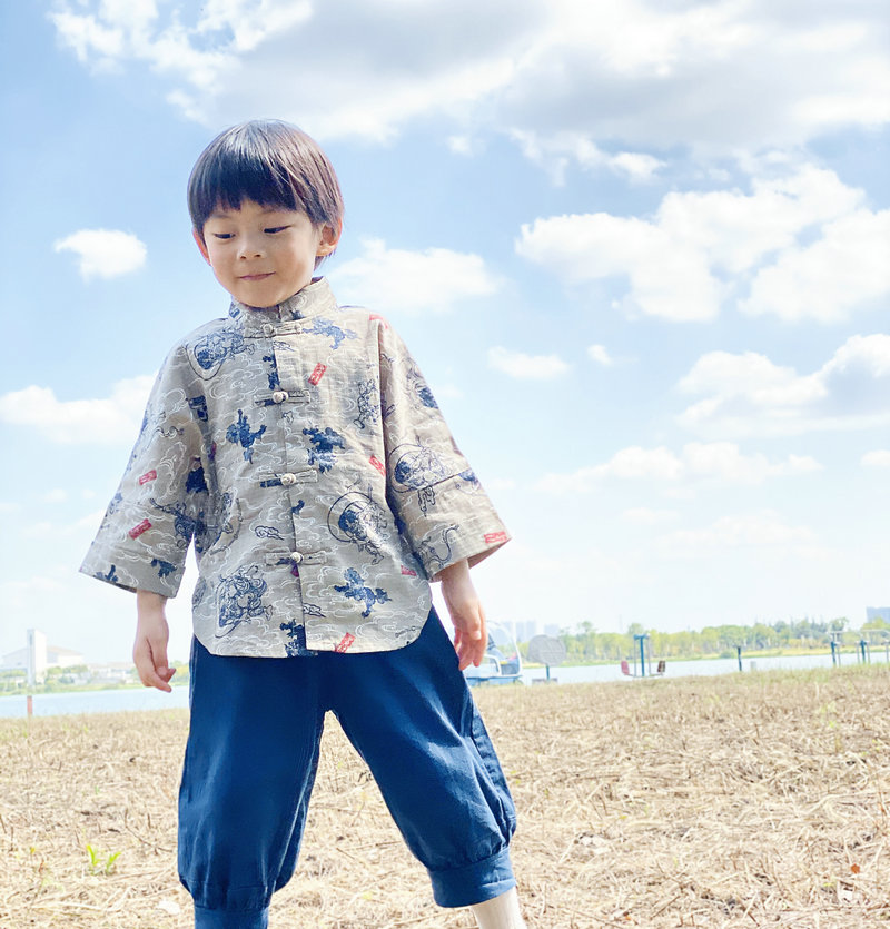 男童中国风纯棉汉服套装宝宝民国风童装儿童盘扣上衣加七分裤 - 图2