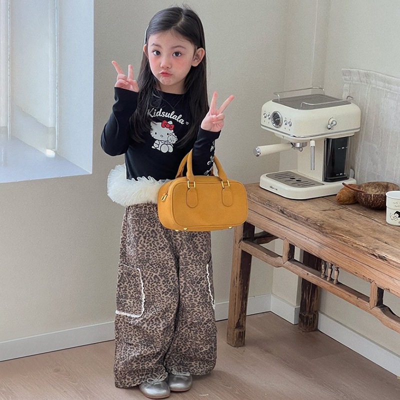 GLP KISS韩式童装26春季女童洋气KT猫拼接网纱长袖T恤豹纹阔腿裤,淘宝优惠券,粉丝福利购,淘宝优惠卷