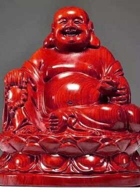 花梨木雕弥勒佛像摆件坐莲笑佛实