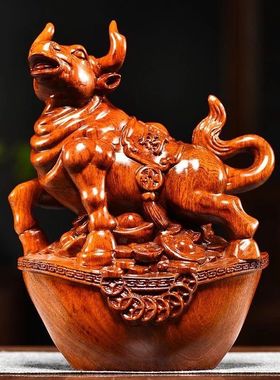 绿色木质牛摆件十二生肖牛实木家