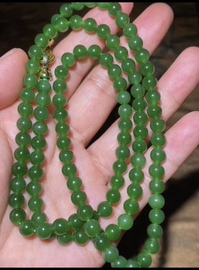 精品和田玉碧玉圆珠108佛珠项链 浓郁的菠菜绿 无黑点无杂质 g6mm
