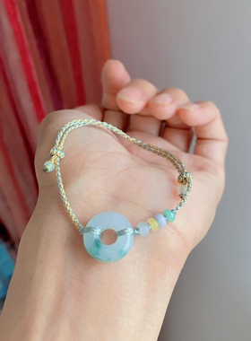 天然a货翡翠平安扣手链搭配手工绳夏季小清新百搭黑绳彩绳情侣款