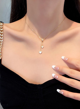 「千亿少女」锆石小众轻奢项链女方形爱心锁骨链日韩颈链ins钛钢