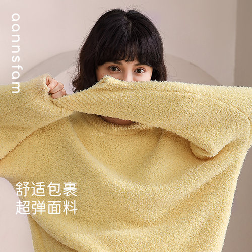 安之伴珊瑚绒睡衣女秋冬季半边绒圆领长袖家居服套装大码加厚保暖 - 图2