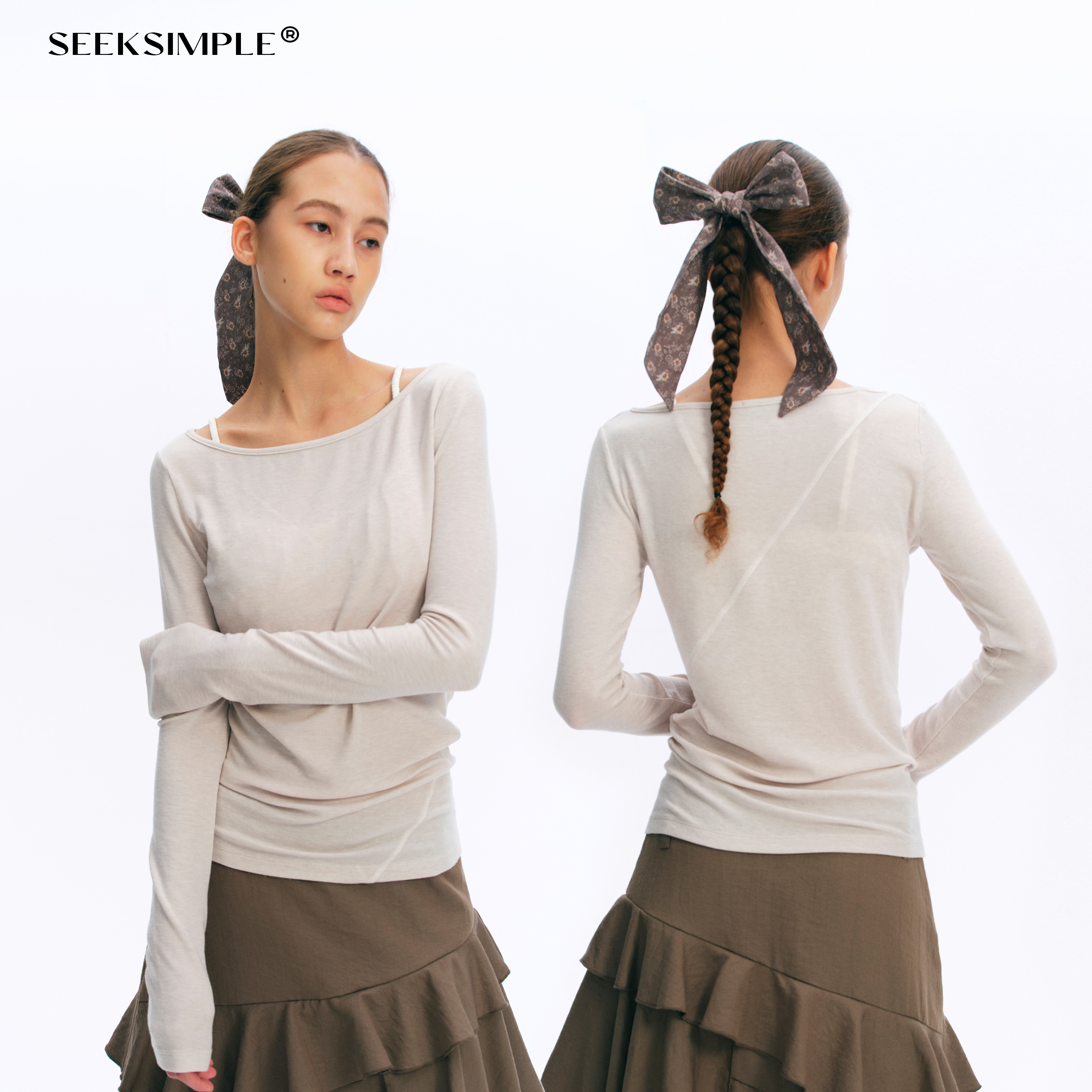 SEEKSIMPLE 羊毛混纺船领分割线长袖T恤女秋季宽松显瘦打底上衣 - 图0