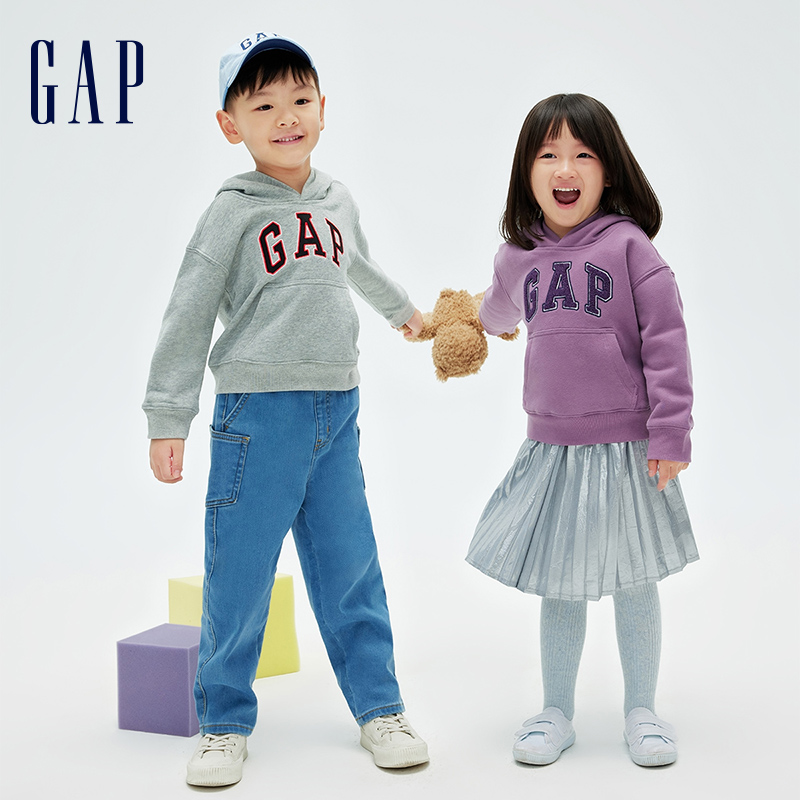 Gap男女幼童春秋LOGO碳素软磨抓绒柔软运动卫衣连帽衫舒适上衣