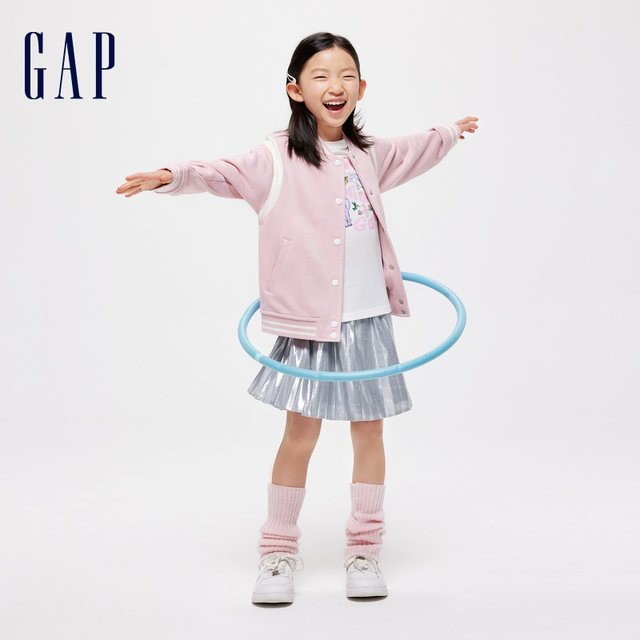 Gap女幼童大童2024春季新款小熊大G针织夹克外套大小童同款棒球服