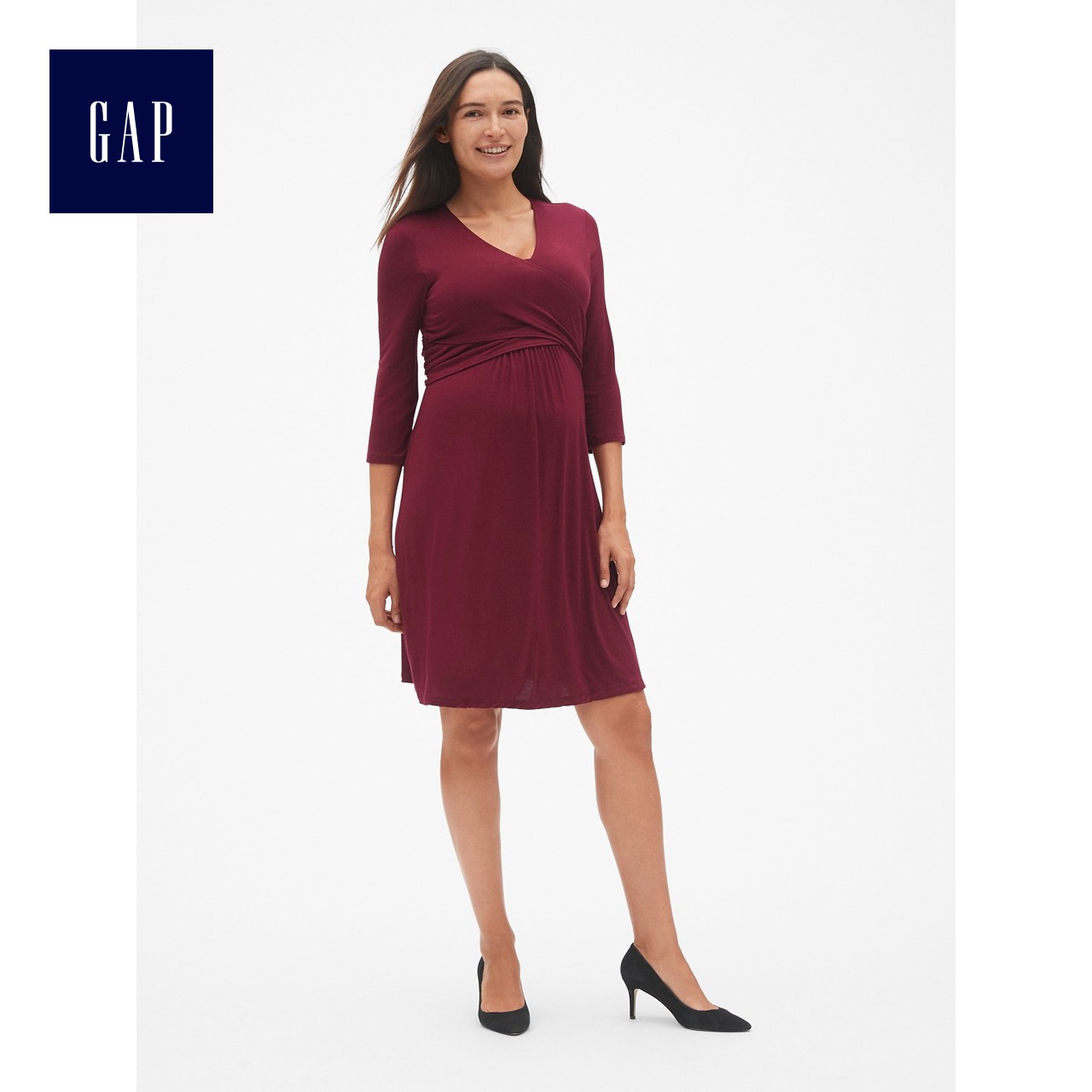 Gap孕婦裝V領長袖連衣裙181407純色時尚繫帶女士修身休閒氣質裙子
