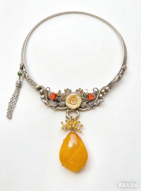 纯银复古镶嵌蜜蜡项圈链古风红色的送礼