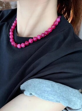 复古玫红色颗颗打结天然石串珠高级感项链锁骨链质感女元宝扣跨境