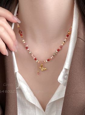 彩色不规则串珠蝴蝶吊坠项链女