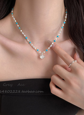 多色珍珠绿珠串珠欧泊石项链女2026年夏季新款爆款锁骨链气质颈链