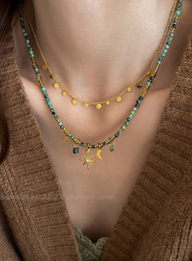 复古太阳花天然石串珠叠戴项链