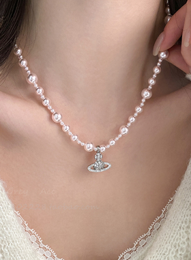 土星闪皓粉光珍珠项链女