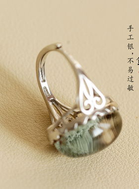 天然绿幽灵招财聚宝盆银戒指