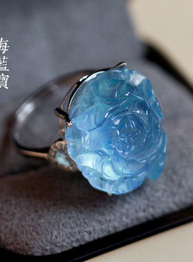 天然海蓝宝牡丹花开水晶银戒指