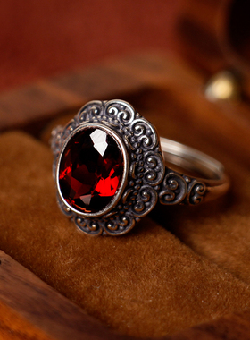女石榴石复古鸽子血火花戒指爱情